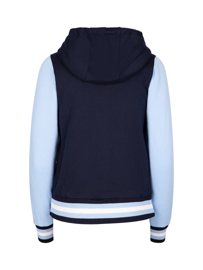A women's varsity jacket featuring a navy back with light blue sleeves and a hood. It includes a ribbed hem.