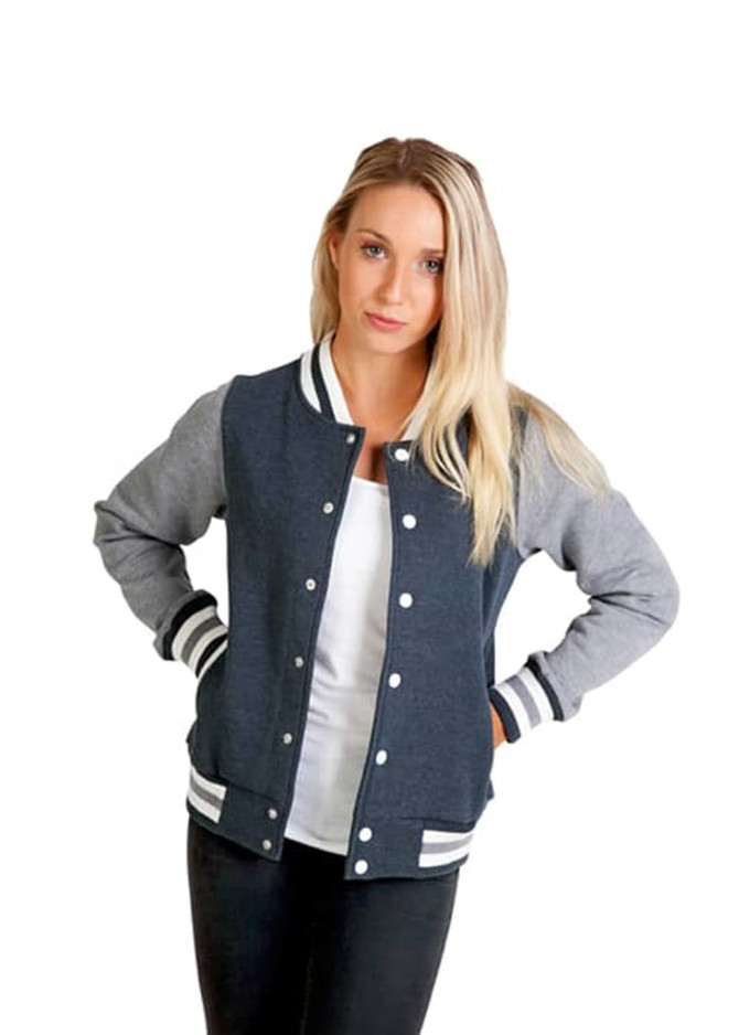 A women's varsity jacket in dark blue with grey sleeves and white striped cuffs, featuring a logo on the front.