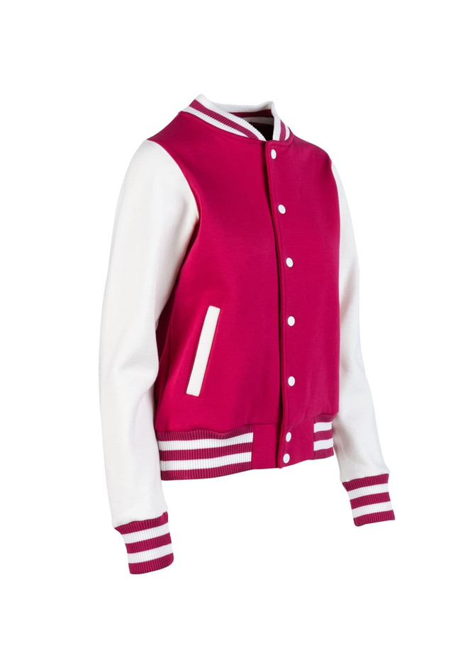 A pink and white women's junior varsity jacket featuring button closures and striped cuffs. It has a logo on the front.