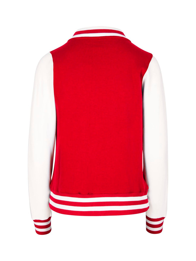 A red and white women's junior varsity jacket featuring a ribbed collar and cuffs, with a logo on the back.