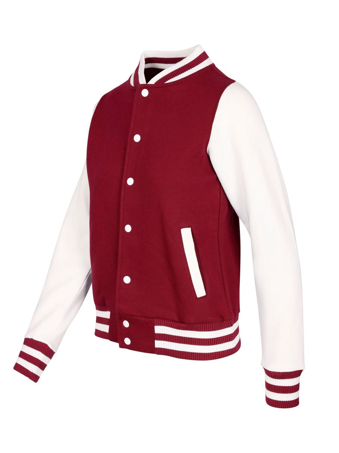 A maroon and white women's varsity jacket featuring contrasting sleeves and striped cuffs. It has a logo on the chest.