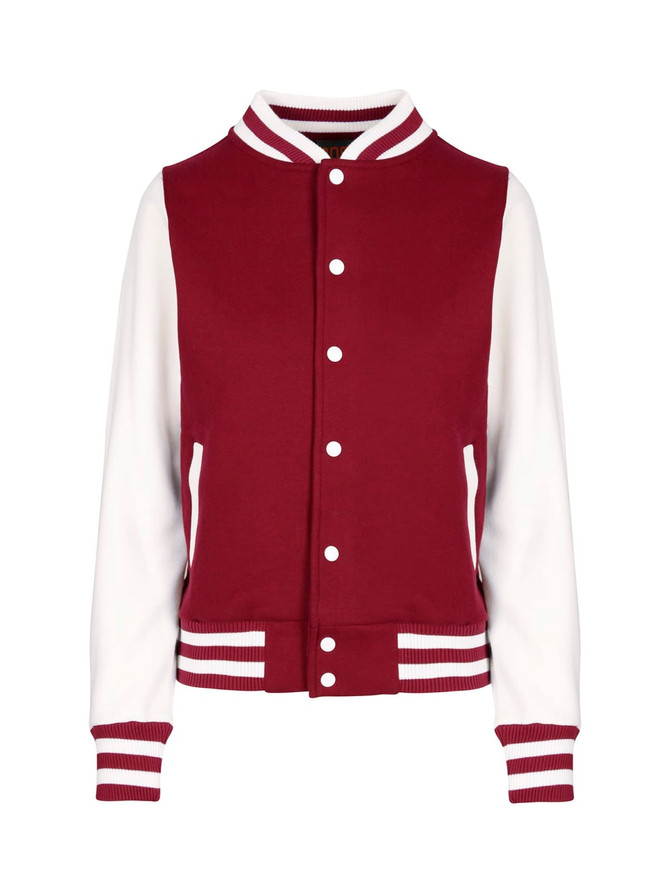 A women's junior varsity jacket in burgundy and white, featuring a sporty design and striped ribbing.