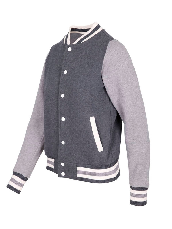 A women's varsity jacket featuring grey body fabric with lighter grey sleeves and striped cuffs. It has a logo on the chest.