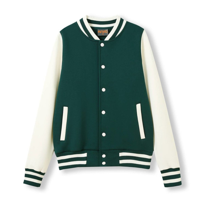 A women's junior varsity jacket in dark green with cream sleeves and striped cuffs. Features a logo on the front.
