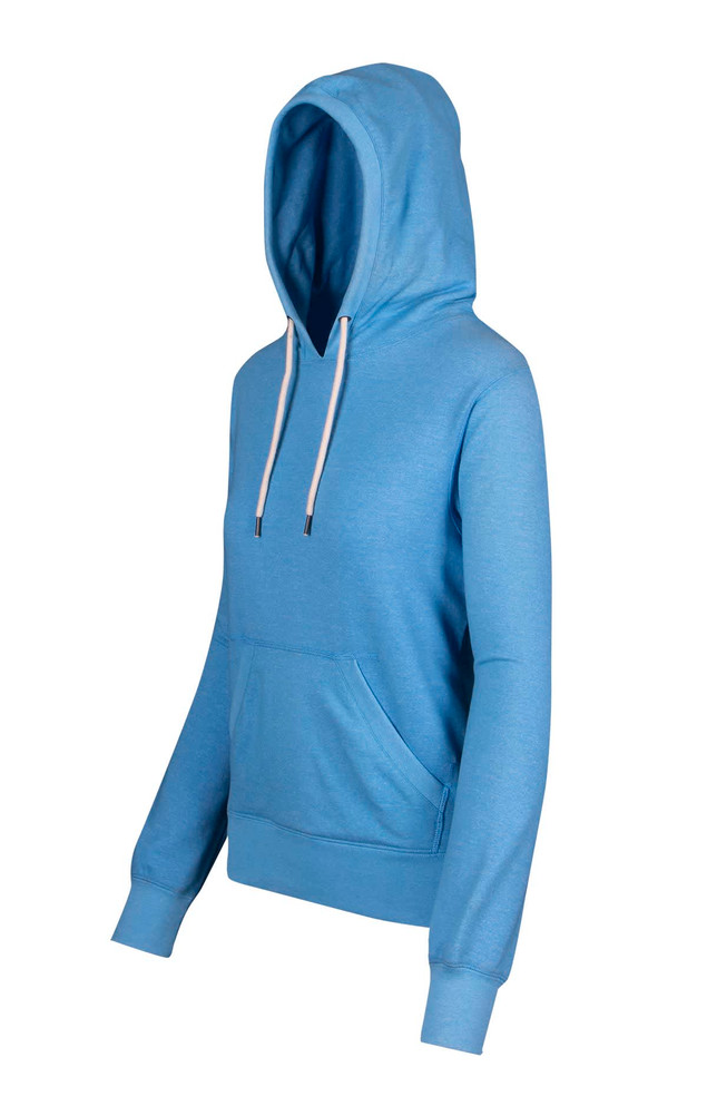 A light blue hoodie with a front pocket, drawstring hood, and branding on the label.