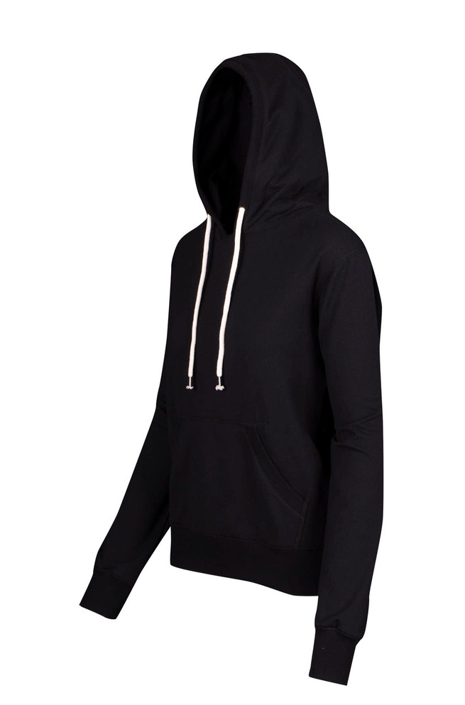 A black hoodie with a front pocket and drawstrings, featuring a branding logo on the hood.