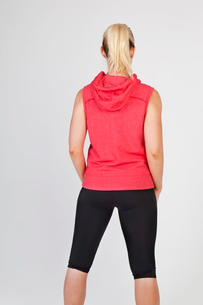 A sleeveless red hoodie with a hood, viewed from the back, paired with black workout shorts.