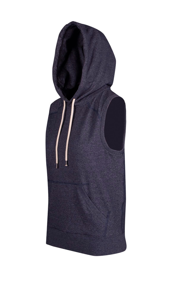 A sleeveless navy hoodie with a hood and a front pocket, featuring a branding logo.