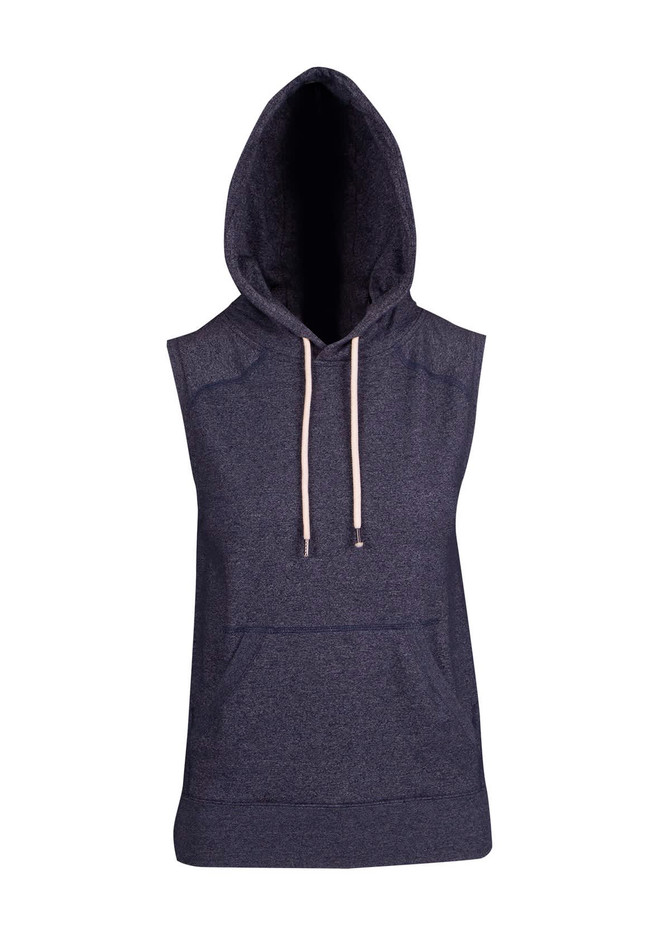 A sleeveless hoodie in heather navy with a front pocket and drawstrings, featuring a logo.