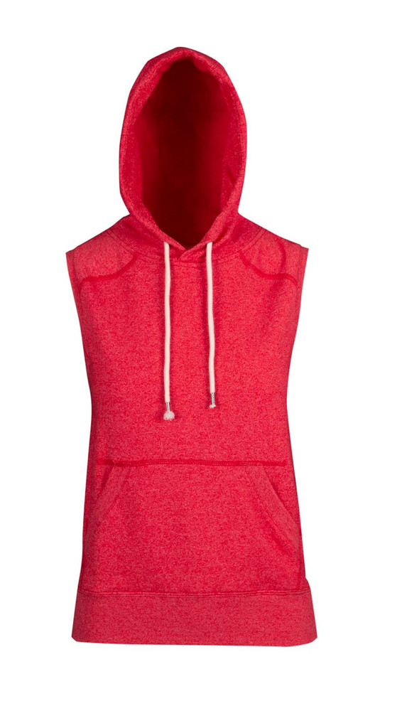 A sleeveless hoodie in a vibrant red heather hue, featuring a hood and a front pocket, with a logo present.