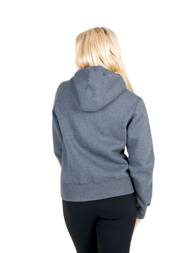 A grey women's heavy fleece hoodie featuring a hood and a fitted silhouette. It includes a logo on the back.