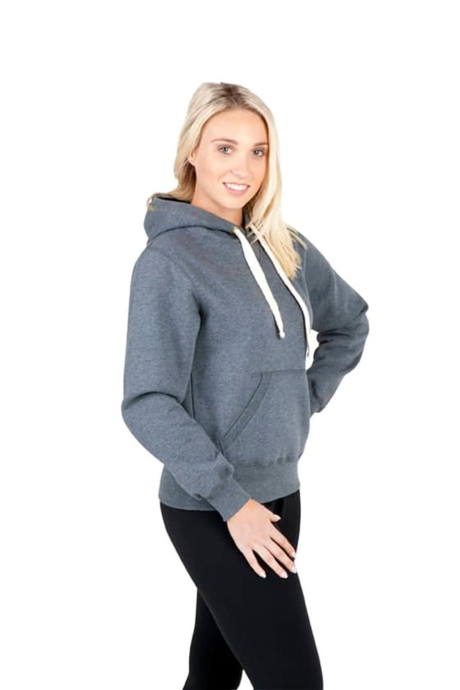 A grey heavy fleece hoodie with a front pocket and drawstring hood, worn by a model against a white background.