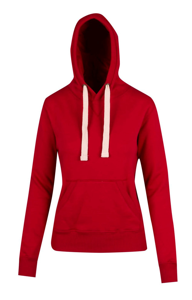 A red heavy fleece hoodie with a hood, front pocket, and contrasting drawstrings. It has a logo on the front.