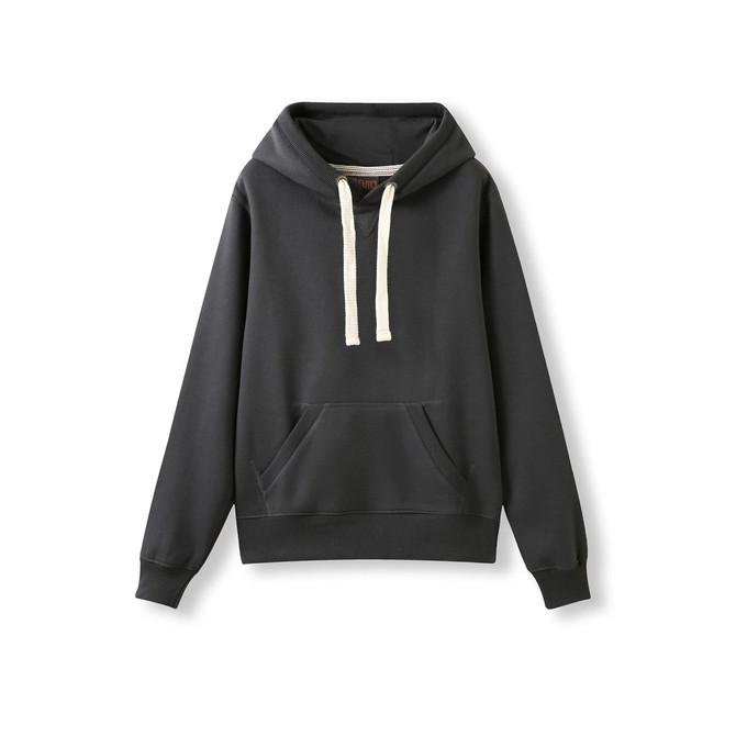 A women's heavy fleece hoodie in black, featuring a front pocket and light-coloured drawstrings, with a logo.
