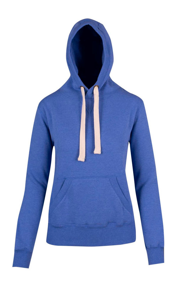 A heavy fleece hoodie in blue with a front pocket and contrasting drawstrings. Features a logo on the chest.
