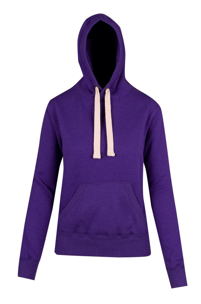 A purple women's/juniors heavy fleece hoodie with a front pocket and a drawstring hood. Features a logo on the front.
