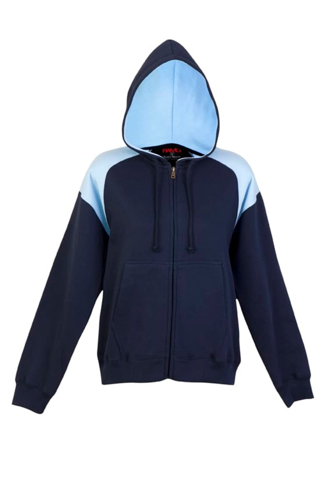 A navy and light blue women's junior zip-up hoodie with a hood and front pockets. It features contrasting shoulder panels.