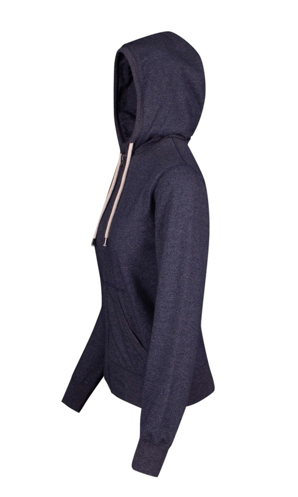 A women's heather zip hoodie in dark navy, featuring a hood and front pockets. It has a logo on the fabric.
