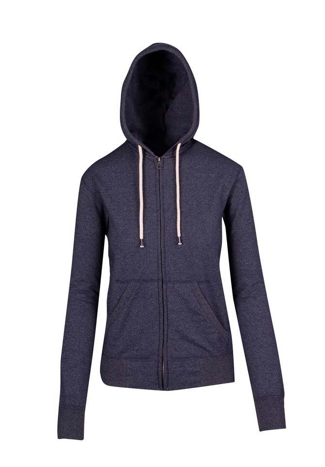 A navy blue zip hoodie with a hood and front pockets, featuring a logo on the chest.