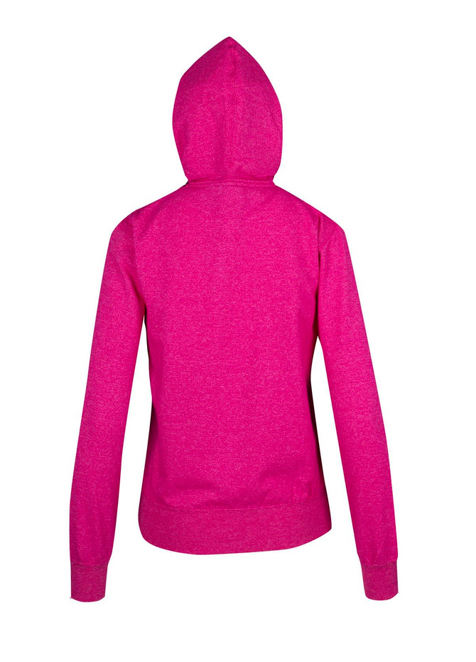 A pink heather zip hoodie featuring a hood and long sleeves, with a simple design and no visible logos.