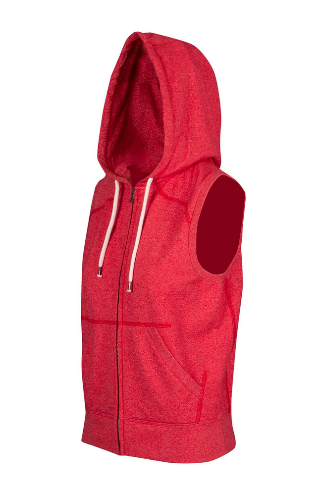 A red sleeveless zip hoodie featuring a hood and front pockets, part of the Greatness Range. It has a logo.