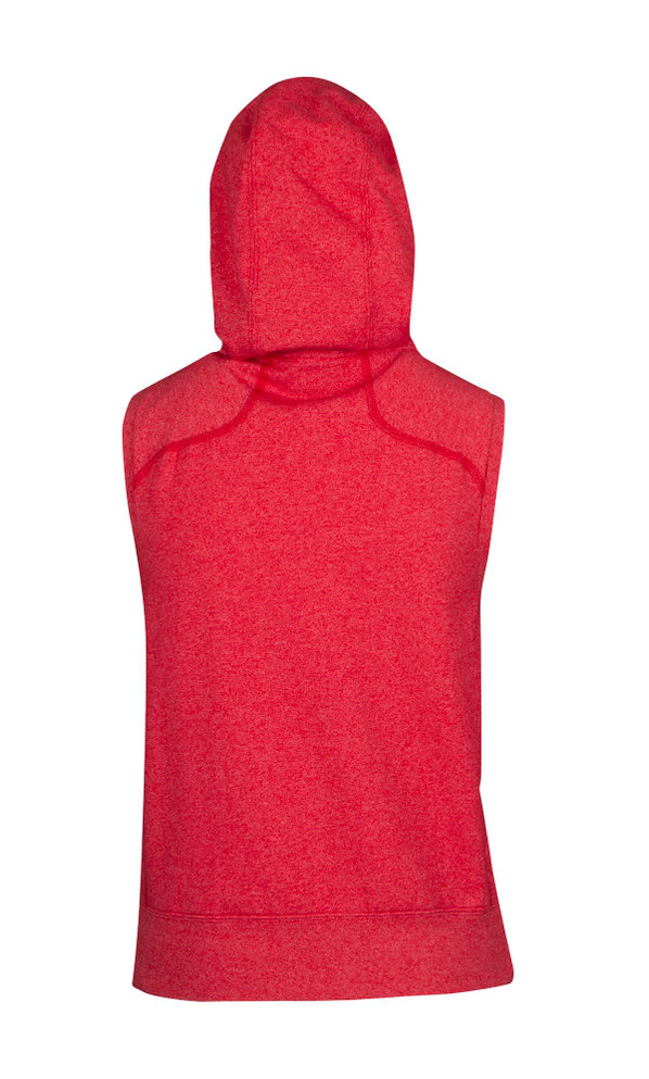 A sleeveless red hoodie featuring a hood and a branded logo on the back. Suitable as casual wear.