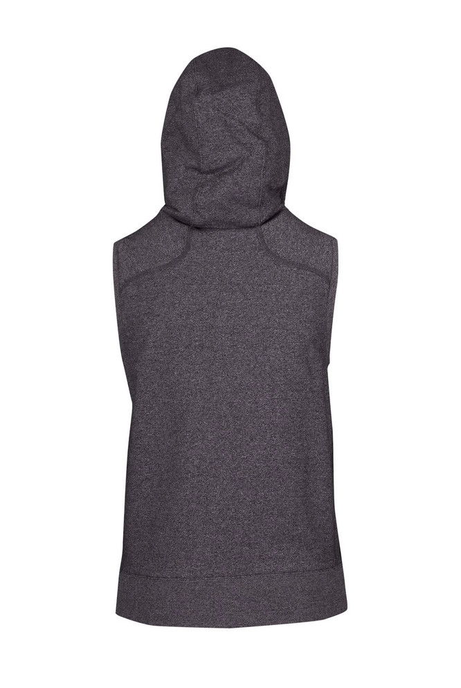 A sleeveless zip hoodie in heather grey, featuring a hood and a branded logo.