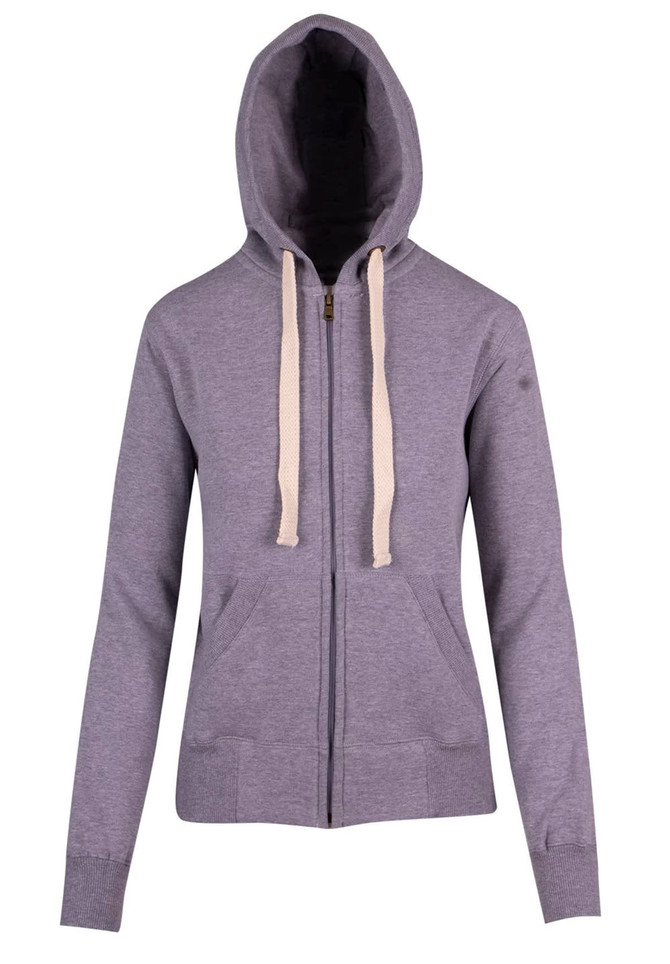 A grey heavy zip fleece hoodie with a hood, featuring a zipped front and pockets. It has a logo on it.