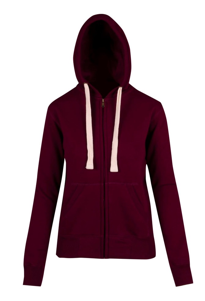 A women's junior heavy zip fleece hoodie in burgundy with a hood and cream-coloured drawstrings.