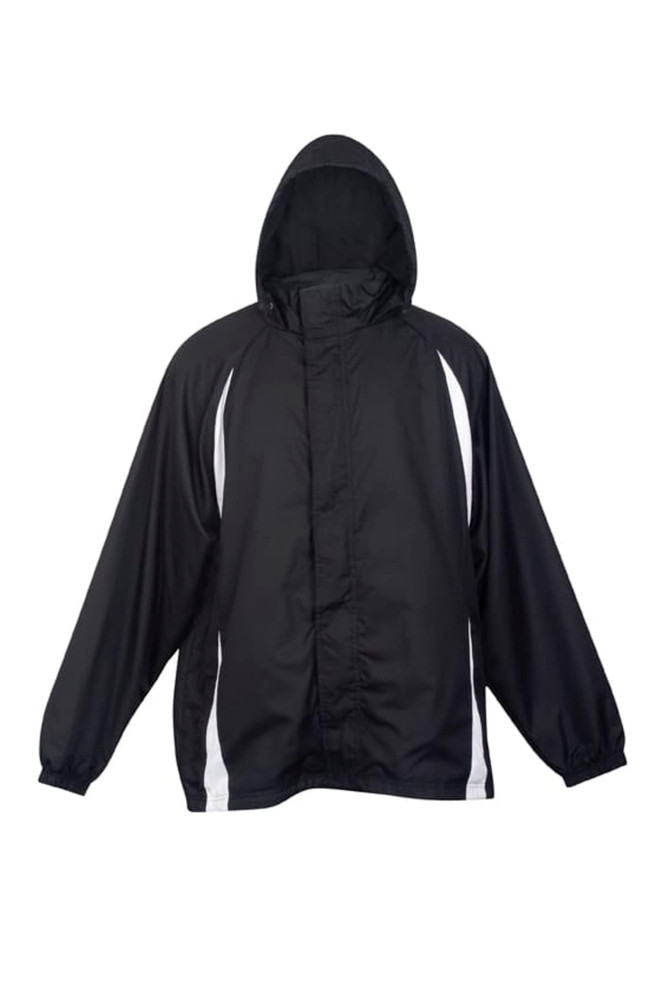 A black and white men's shower proof Sportech nylon jacket with a hood. Features a logo on the front.