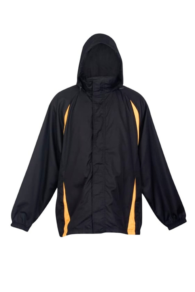 A black rain jacket with yellow accents and a hood, featuring a logo on the front.