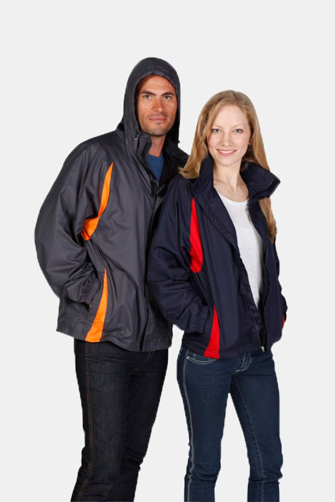 A grey and navy rain jacket featuring orange and red accents, displayed on a male and female model with hoods.