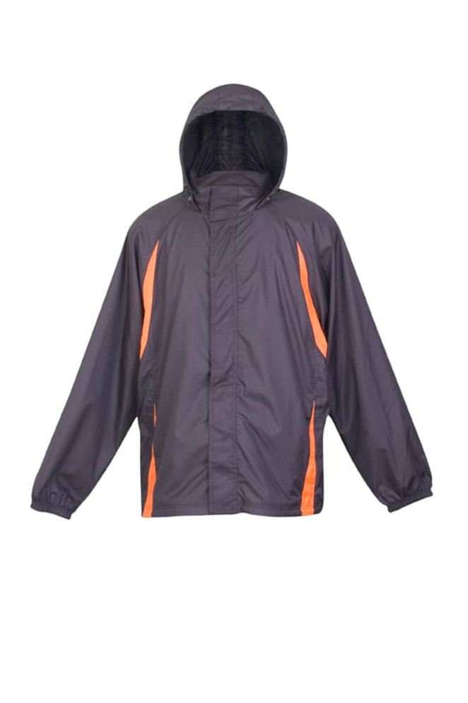 A men's shower-proof nylon jacket in dark grey with orange accents and a hood, featuring a logo.