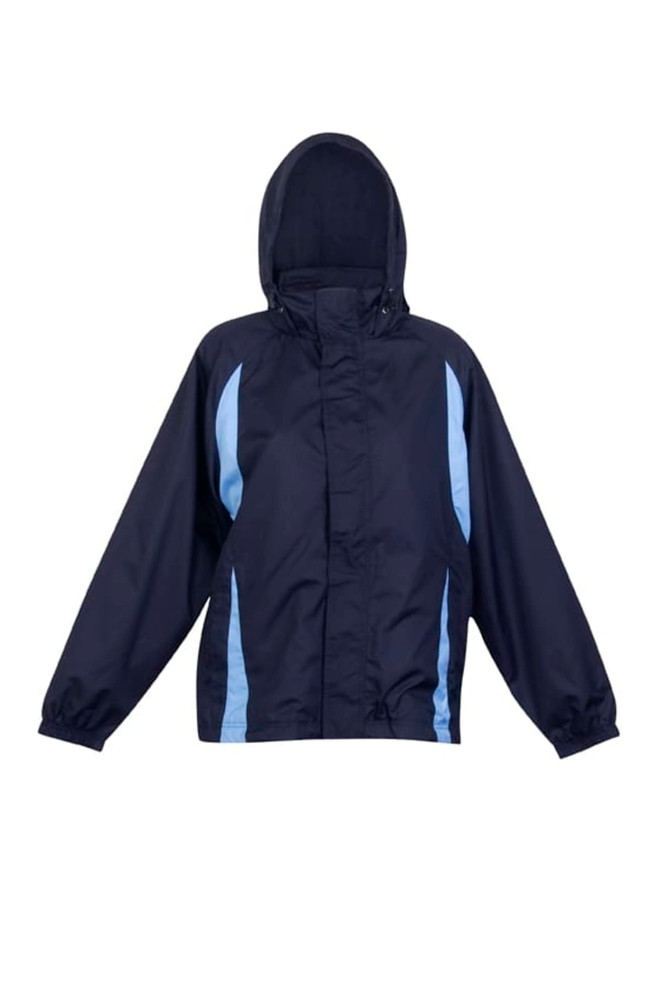 A navy blue shower proof sportech nylon jacket featuring light blue accents and a hood, with elasticised cuffs.