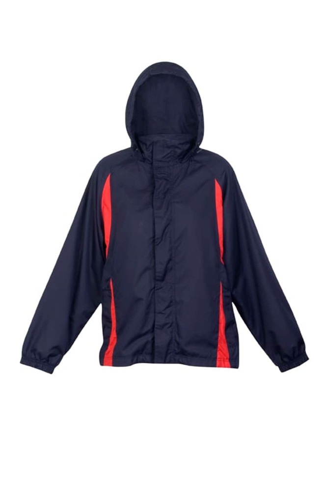 A navy and red shower-proof sportech nylon jacket with a hood and elasticated cuffs. Features a logo.
