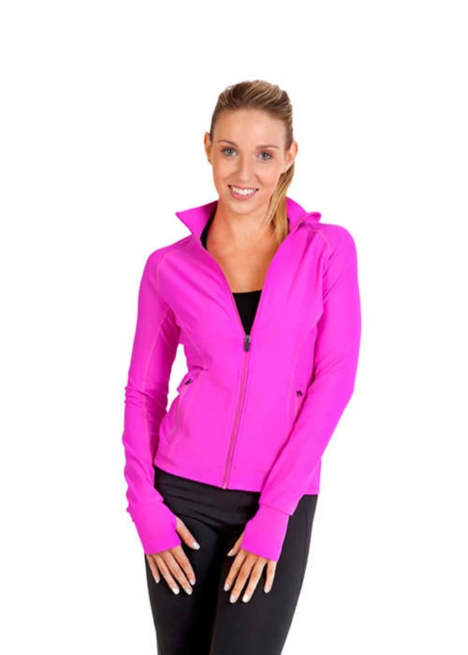 A fitted jacket in vibrant pink with a zip front and high collar, featuring a logo on the sleeve.