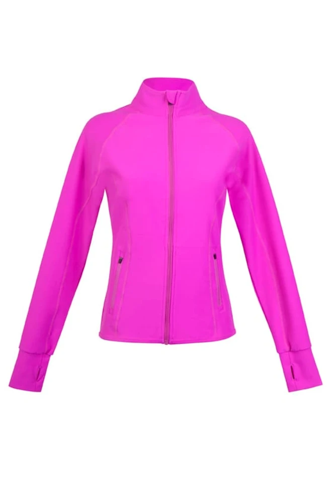 A women's jacket in vibrant pink, featuring a zip front and long sleeves with thumbholes. Includes a logo.