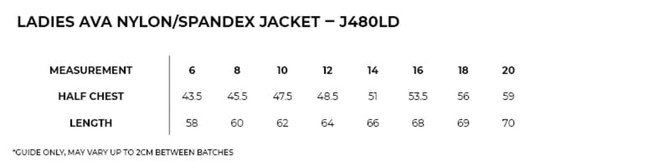 A flat lay of a women's AVA Nylon/Spandex jacket in multiple sizes, featuring a zip closure and a logo.