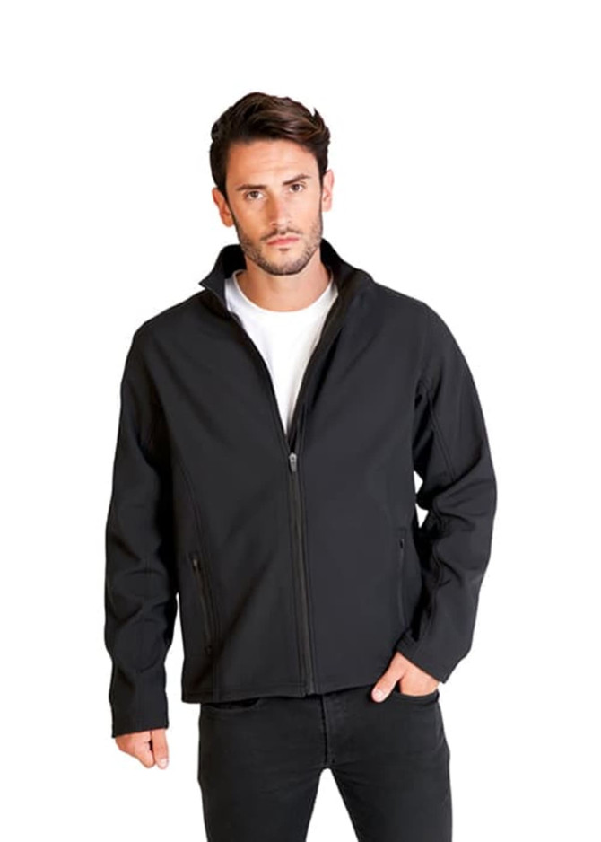 A man wearing a black soft shell jacket with a zippered front and stand-up collar. The jacket has pockets.