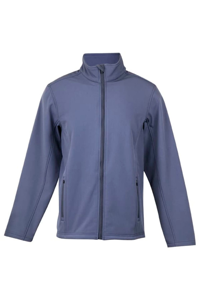 A grey men's soft shell jacket featuring a zip front, high collar, and side pockets.