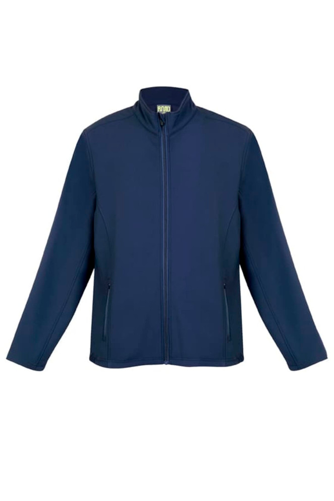 A navy blue men's soft shell jacket with long sleeves and a zippered front, featuring side pockets and a logo.