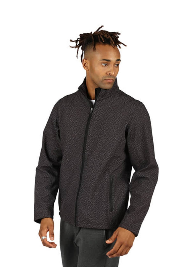 A soft shell jacket in charcoal grey, featuring a high collar and a zip front, with side pockets and a branding logo.