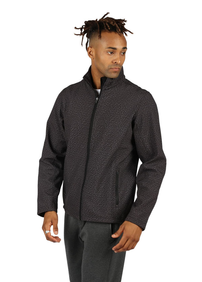 A grey soft shell jacket with a textured pattern, featuring a zip front and side pockets. The model is wearing dark trousers.