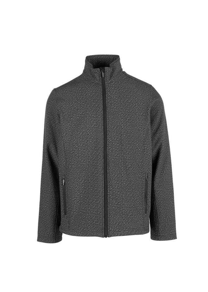 A men's soft shell jacket in heather grey with a zip front and two side pockets. Features branding on the jacket.