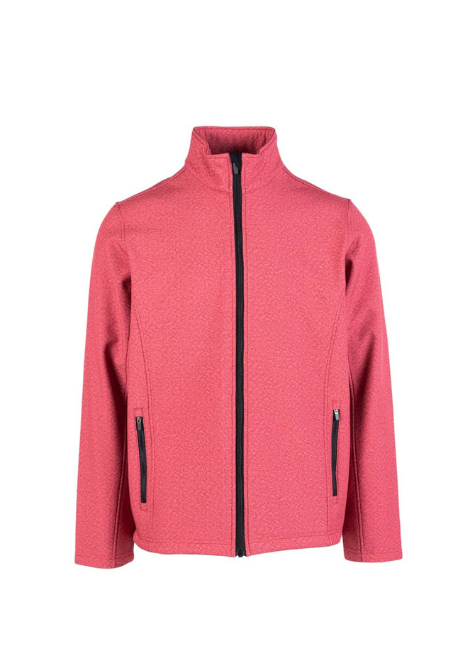 A soft shell jacket in heather pink with a zip front and side pockets, featuring branding on the chest.