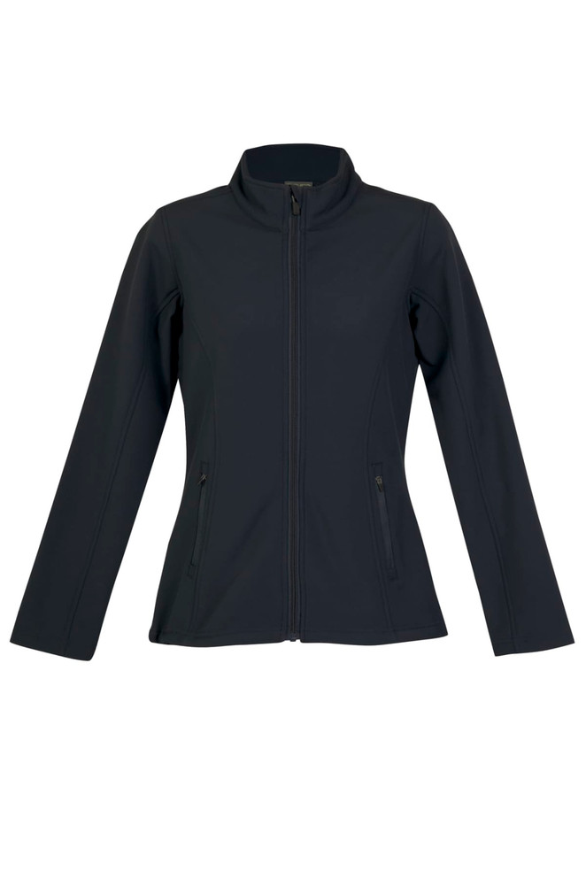 A women's soft shell jacket in dark grey, featuring a zip front and side pockets, with a logo present.