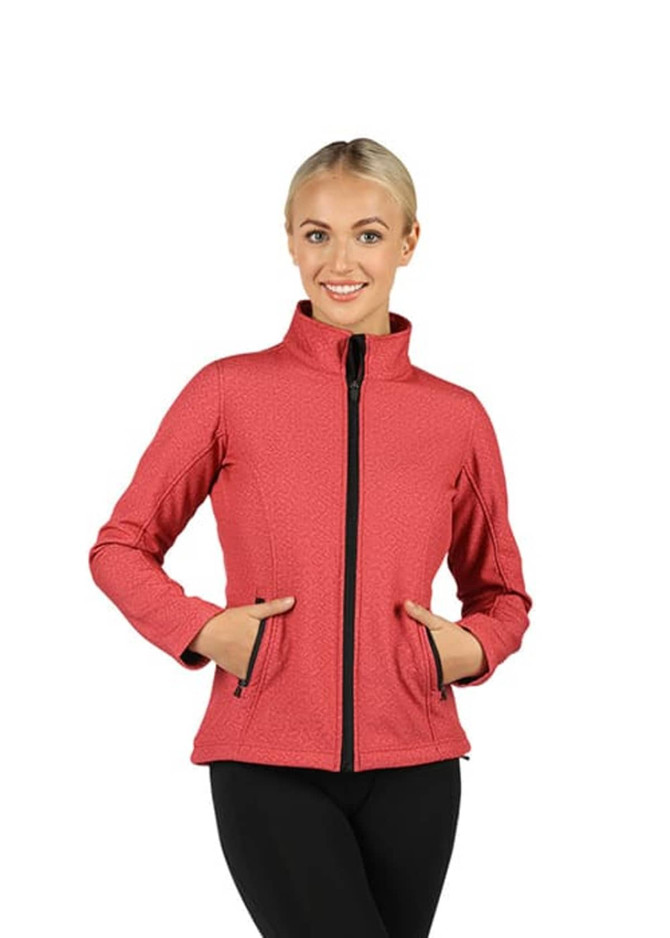 A pink soft shell jacket featuring a zip closure and side pockets, with a fitted design and high collar.
