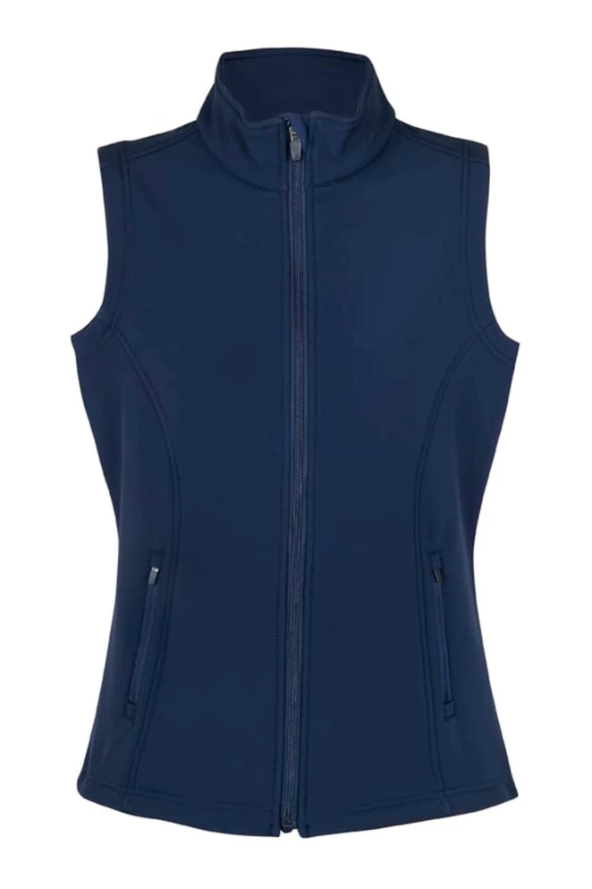 A navy soft shell vest featuring a high collar and zippered front, with two side pockets and a logo.