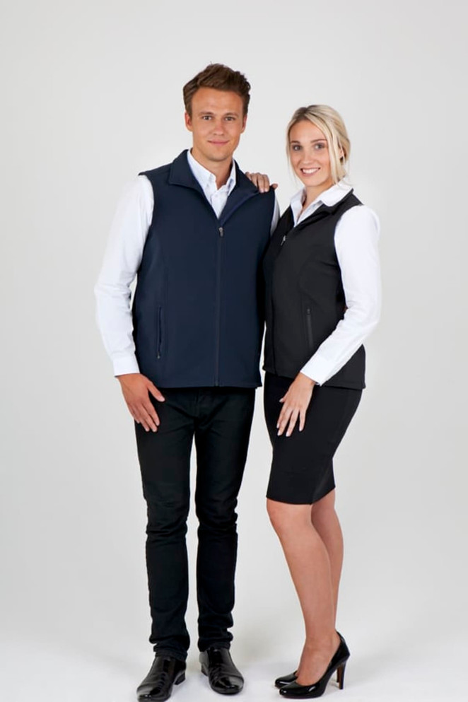 A navy and black soft shell vest displayed on two models wearing white shirts and black bottoms, featuring a logo.