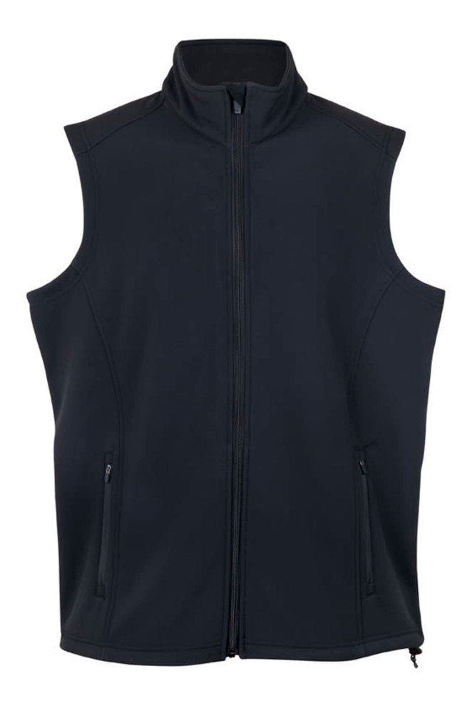 A black men's soft shell vest featuring a zip-up front and side pockets, with a logo on the design.